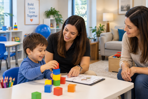 Child stacking blocks with a therapist and parent in a hybrid ABA session