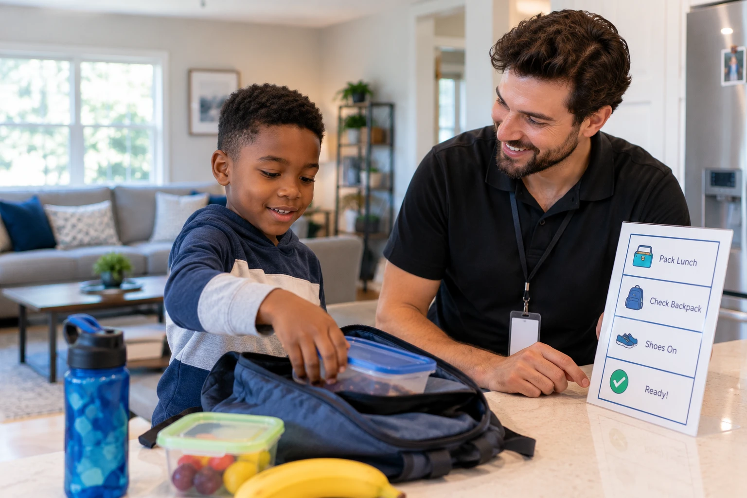 Boy packing a lunch into a backpack while a smiling man watches; checklist on the counter shows Pack Lunch, Check Backpack, Shoes On, Ready.