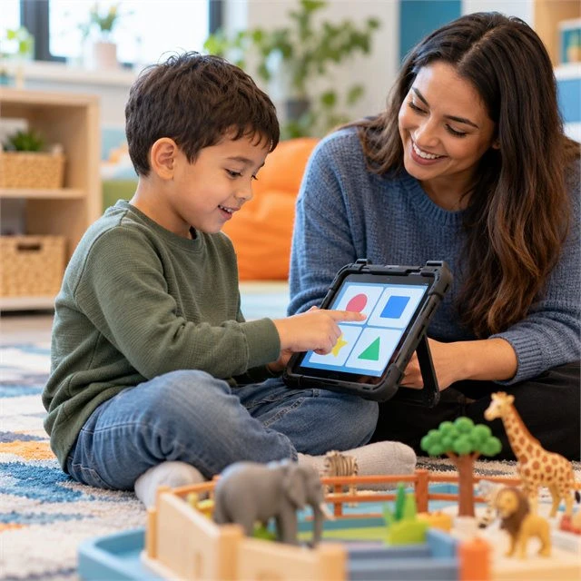 Young boy using a tablet to identify colorful shapes with guidance from a woman during ABA therapy services in Rockford, IL