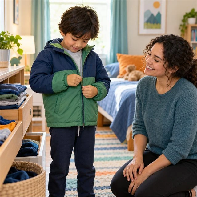 Young boy practicing zipping his jacket while a woman offers encouragement during ABA therapy services near me