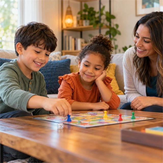 Two children playing a colorful board game with a woman offering guidance during ABA therapy services in Loves Park, IL