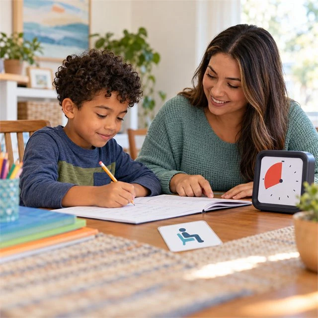 Young boy practicing writing in a workbook while a woman provides guidance during ABA therapy services near me