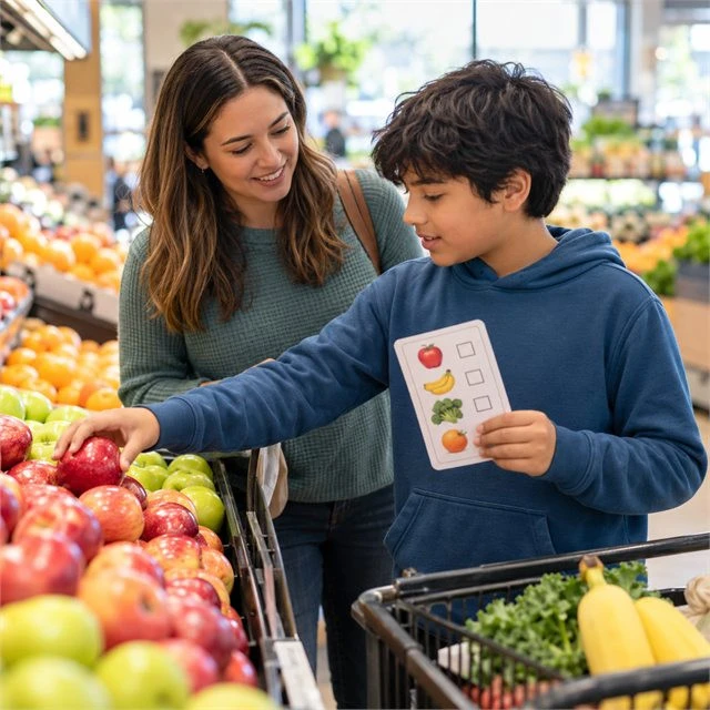 Young boy using a picture shopping list to select apples at a grocery store while a woman provides guidance during ABA therapy services in Machesney Park, IL