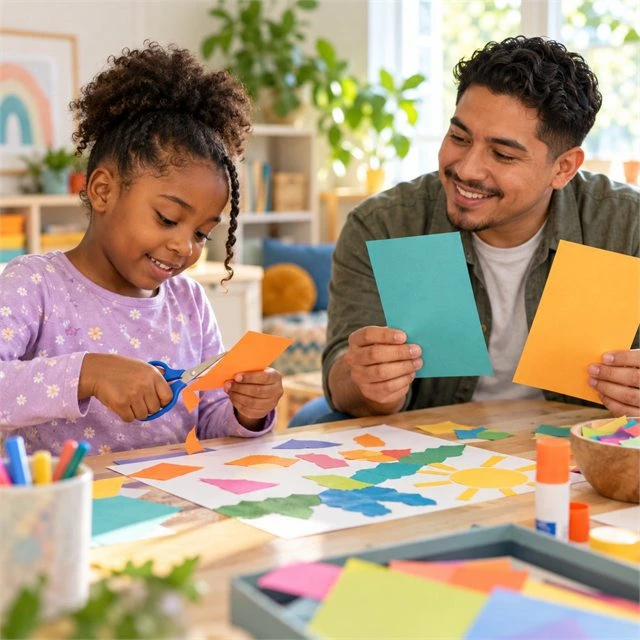 Young girl practicing cutting colorful paper with scissors while a man offers guidance during ABA therapy services near me
