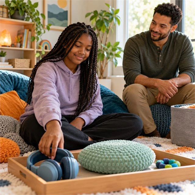 Young girl exploring sensory tools, including headphones and a textured cushion, while a man offers support during ABA therapy services near me